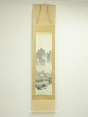 幸石筆　水墨山水　山里　肉筆絹本掛軸（共箱）